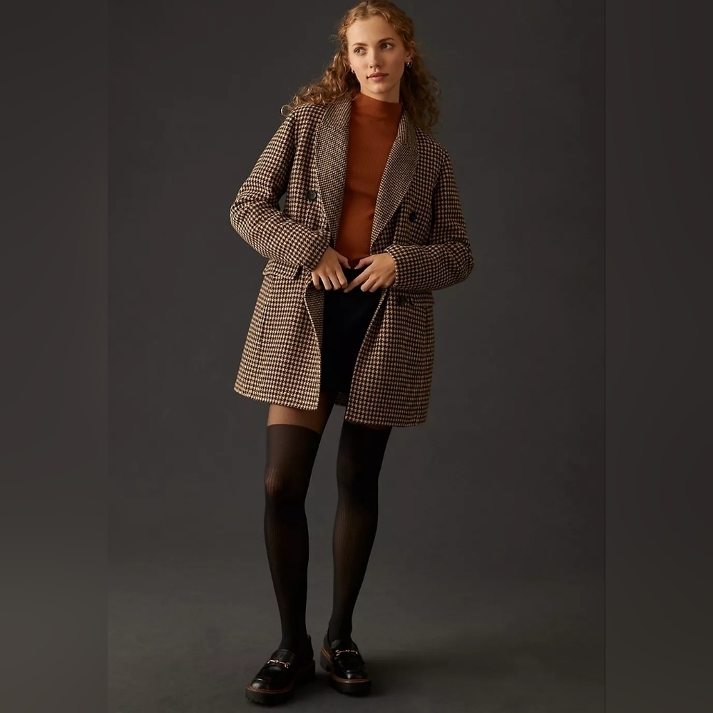 Anthropologie Bernardo Houndstooth Wool Blend Double-Breasted Handmade Blazer